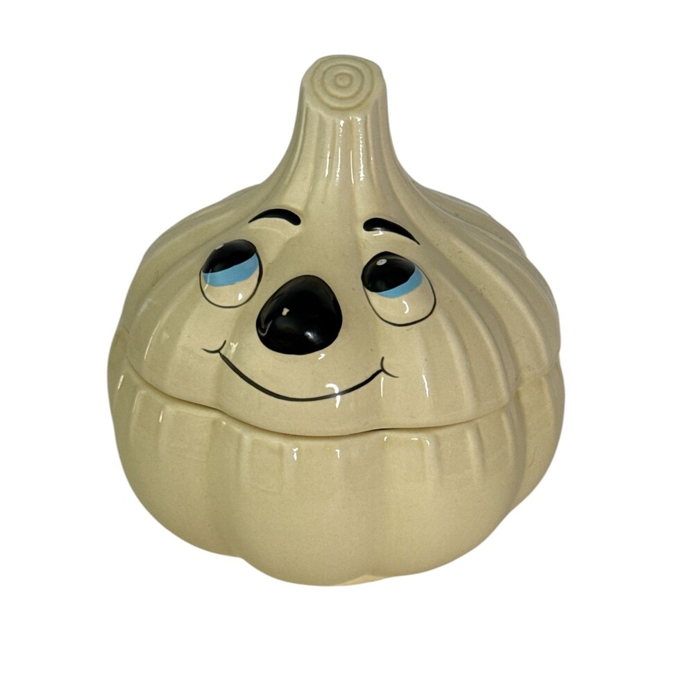 Vintage Anthropomorphic Smiling Garlic Bulb Keeper Ceramic Jar With Lid